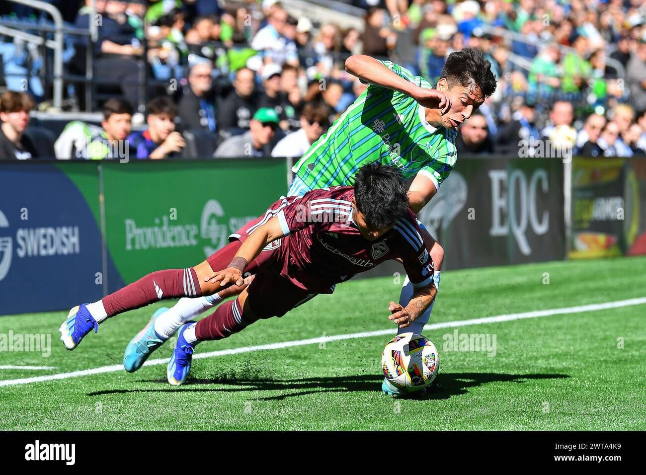 March 016, 2024: Seattle Sounders midfielder Josh Atencio (8) and Colorado Rapids midfielder Omir FernÃ¡ndez (11) battle for the ball during the MLS soccer match between the Seattle Sounders and the Colorado Rapids in Seattle, WA. Steve Faber/CSM Stock Photo
