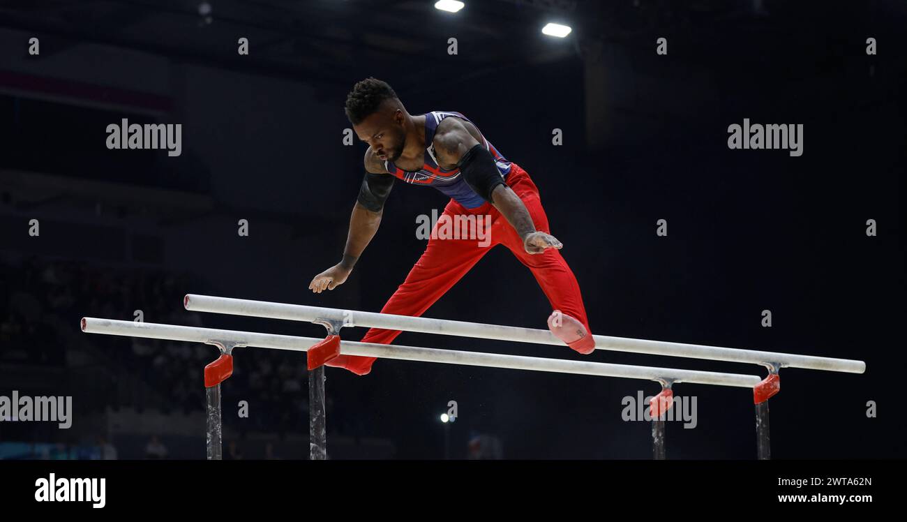Liverpool, UK. 16th Mar, 2024. 16th March 2024, M&amp;S Bank Arena, Liverpool, England; British Gymnastics Championships Day 3; Courtney Tullock on parallel bars Credit: Action Plus Sports Images/Alamy Live News Stock Photo