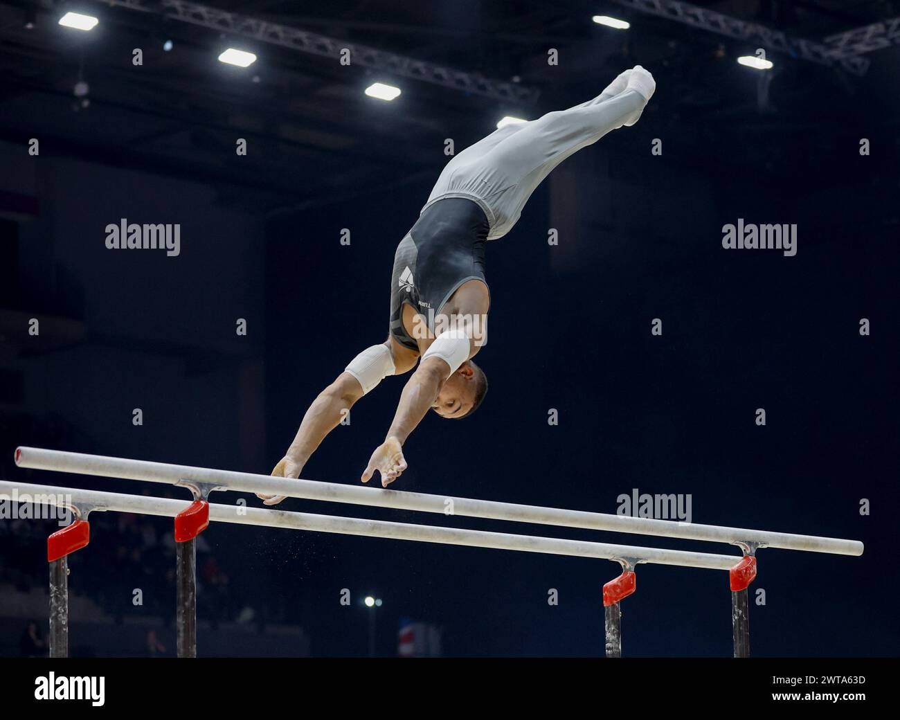 Liverpool, UK. 16th Mar, 2024. 16th March 2024, M&amp;S Bank Arena, Liverpool, England; British Gymnastics Championships Day 3;  Joe Fraser on parallel bars Credit: Action Plus Sports Images/Alamy Live News Stock Photo