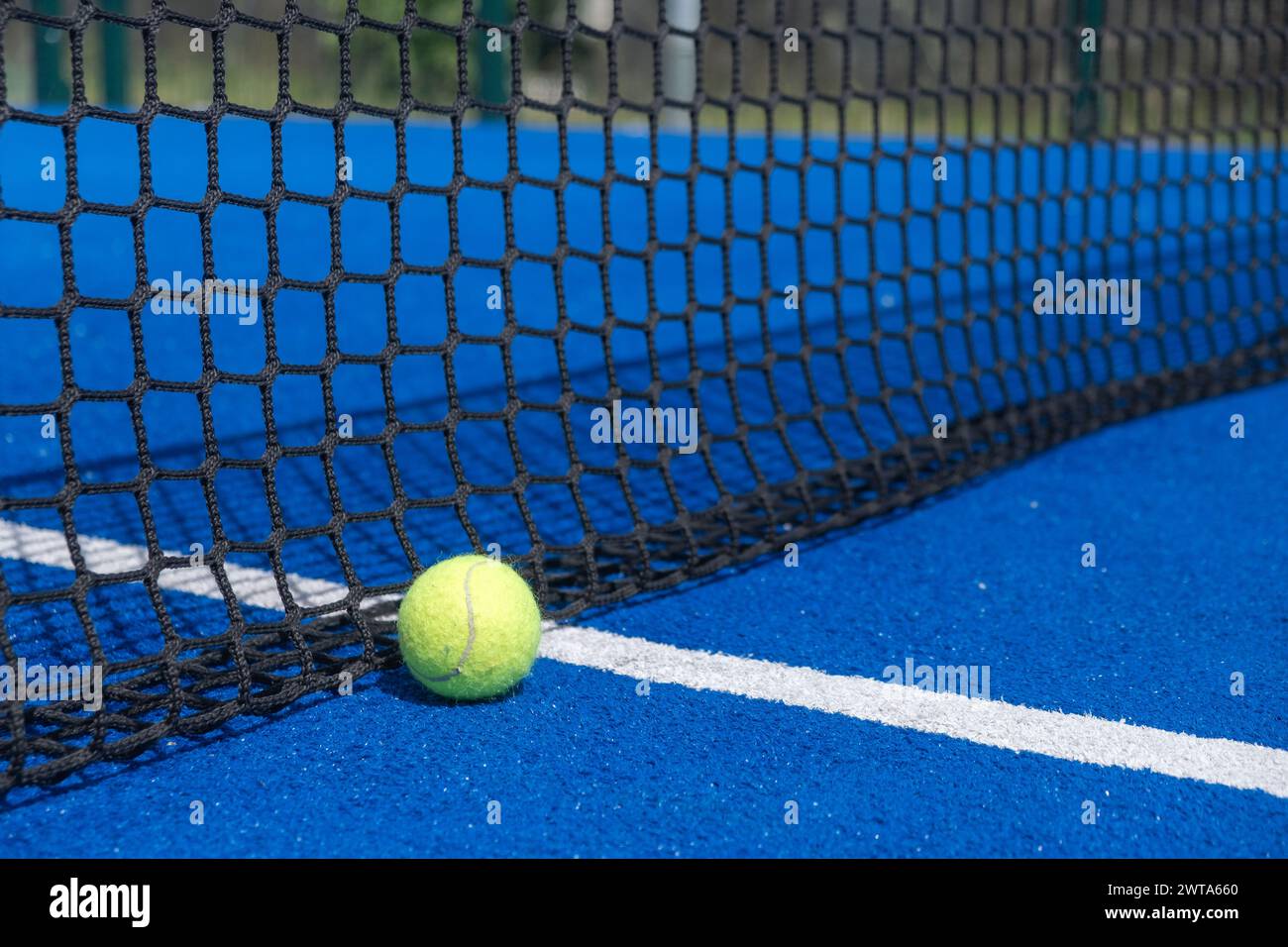Net Racket Ball A paddle tennis ball is sitting on a blue court with a net, racket ...