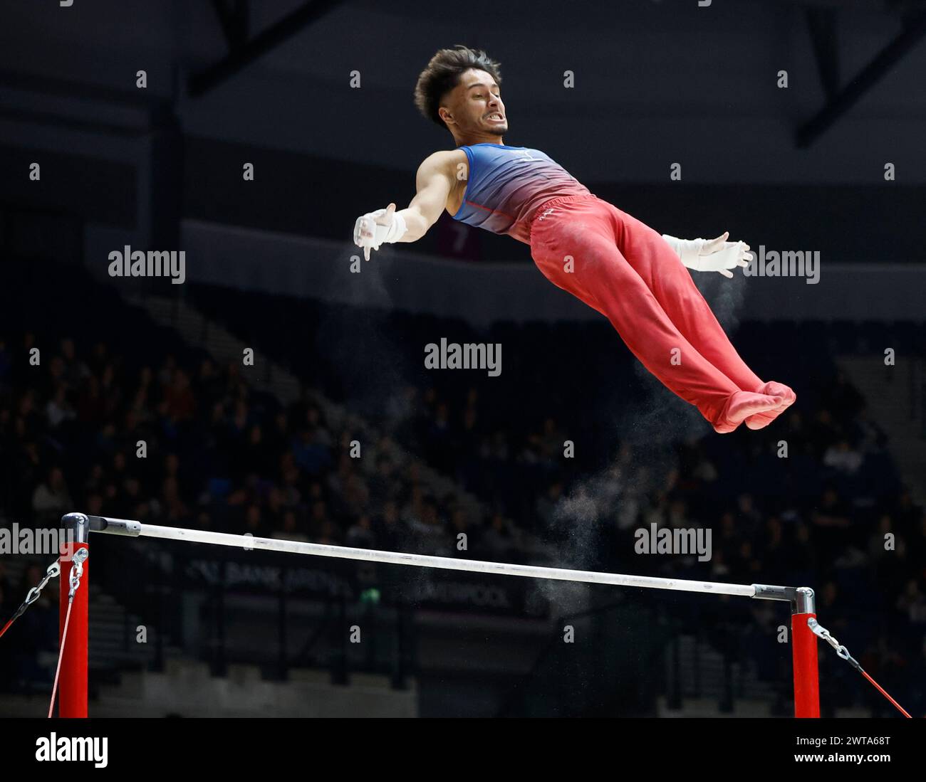 Liverpool, UK. 16th Mar, 2024. 16th March 2024, M&amp;S Bank Arena, Liverpool, England; British Gymnastics Championships Day 3; Jake Jarman on high bar Credit: Action Plus Sports Images/Alamy Live News Stock Photo