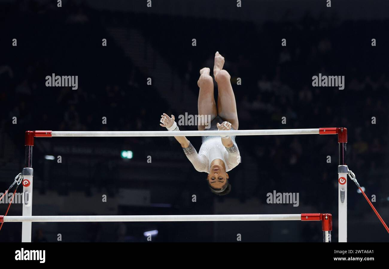Liverpool, UK. 16th Mar, 2024. 16th March 2024, M&amp;S Bank Arena, Liverpool, England; British Gymnastics Championships Day 3; Ondine Achampong on uneven bars Credit: Action Plus Sports Images/Alamy Live News Stock Photo