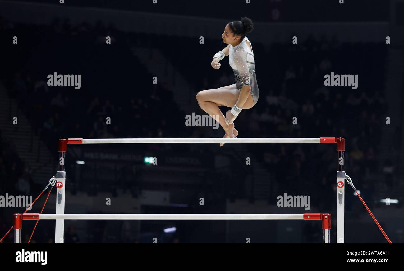 Liverpool, UK. 16th Mar, 2024. 16th March 2024, M&amp;S Bank Arena, Liverpool, England; British Gymnastics Championships Day 3; Ondine Achampong on uneven bars Credit: Action Plus Sports Images/Alamy Live News Stock Photo
