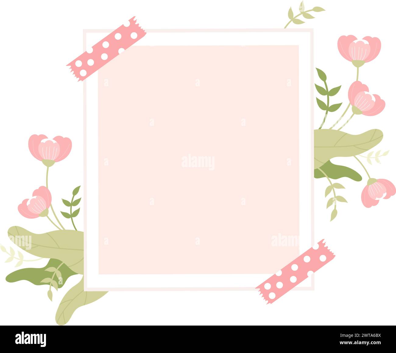 Photo frame with empty space with soft pink flowers and leaves. Vector illustration template in flat style for holiday design. Stock Vector