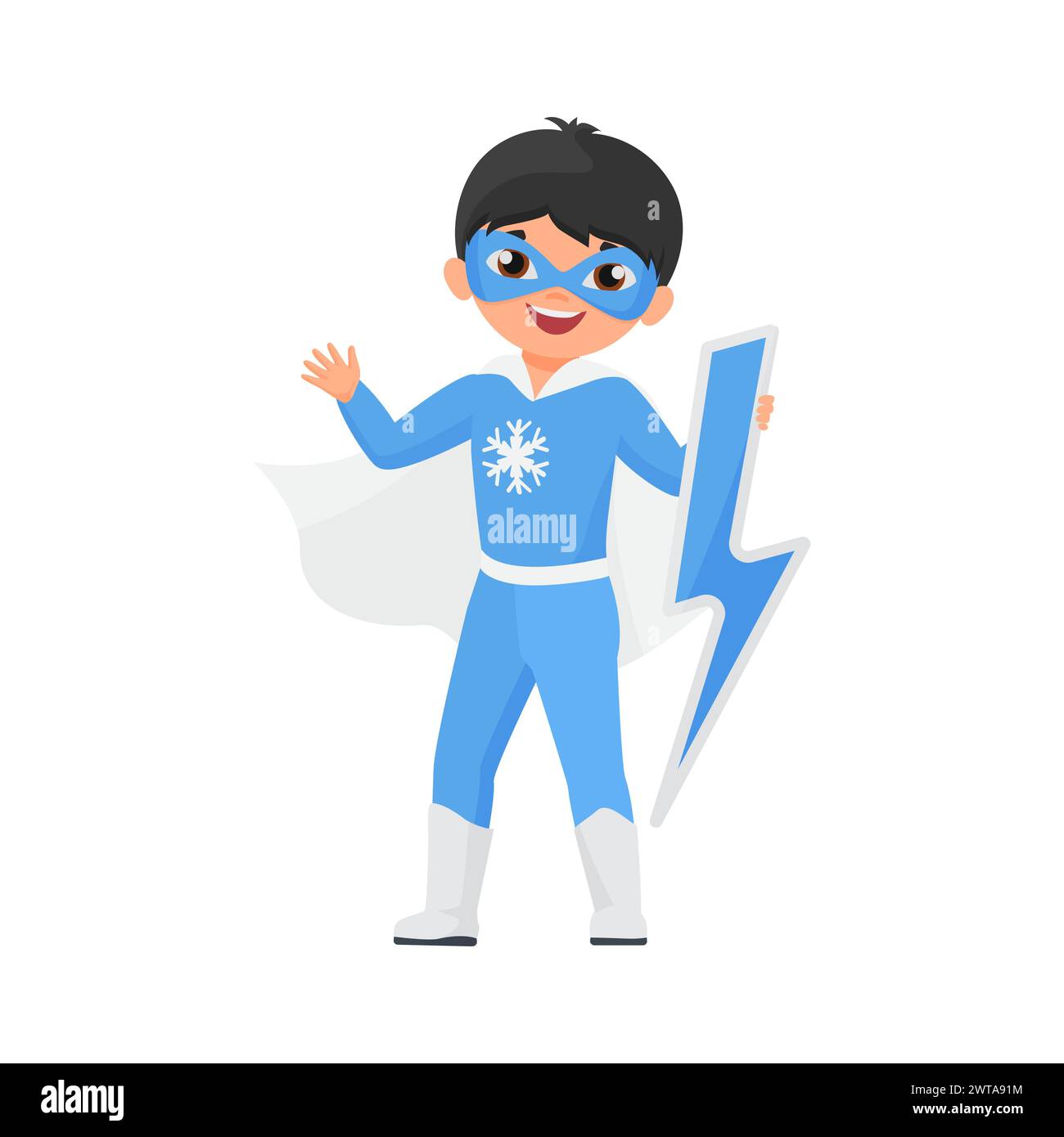 Cute boy in blue carnival costume, mask and superhero cape holding lightning bolt vector illustration Stock Vector
