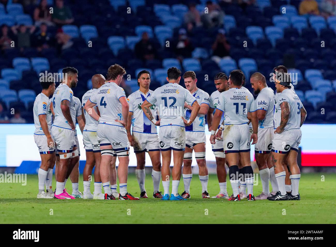 Sydney, Australia. 16th Mar, 2024. The Blues players form a circle before the Super Rugby Pacific 2024 Rd4 match between the Waratahs and the Blues at Allianz Stadium on March 16, 2024 in Sydney, Australia Credit: IOIO IMAGES/Alamy Live News Stock Photo