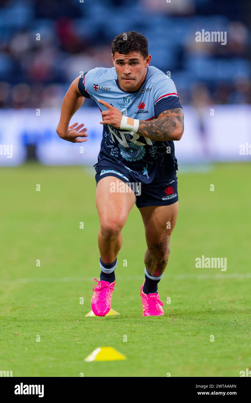 Sydney, Australia. 16th Mar, 2024. Izaia Perese of the Waratahs warms up before the Super Rugby Pacific 2024 Rd4 match between the Waratahs and the Blues at Allianz Stadium on March 16, 2024 in Sydney, Australia Credit: IOIO IMAGES/Alamy Live News Stock Photo