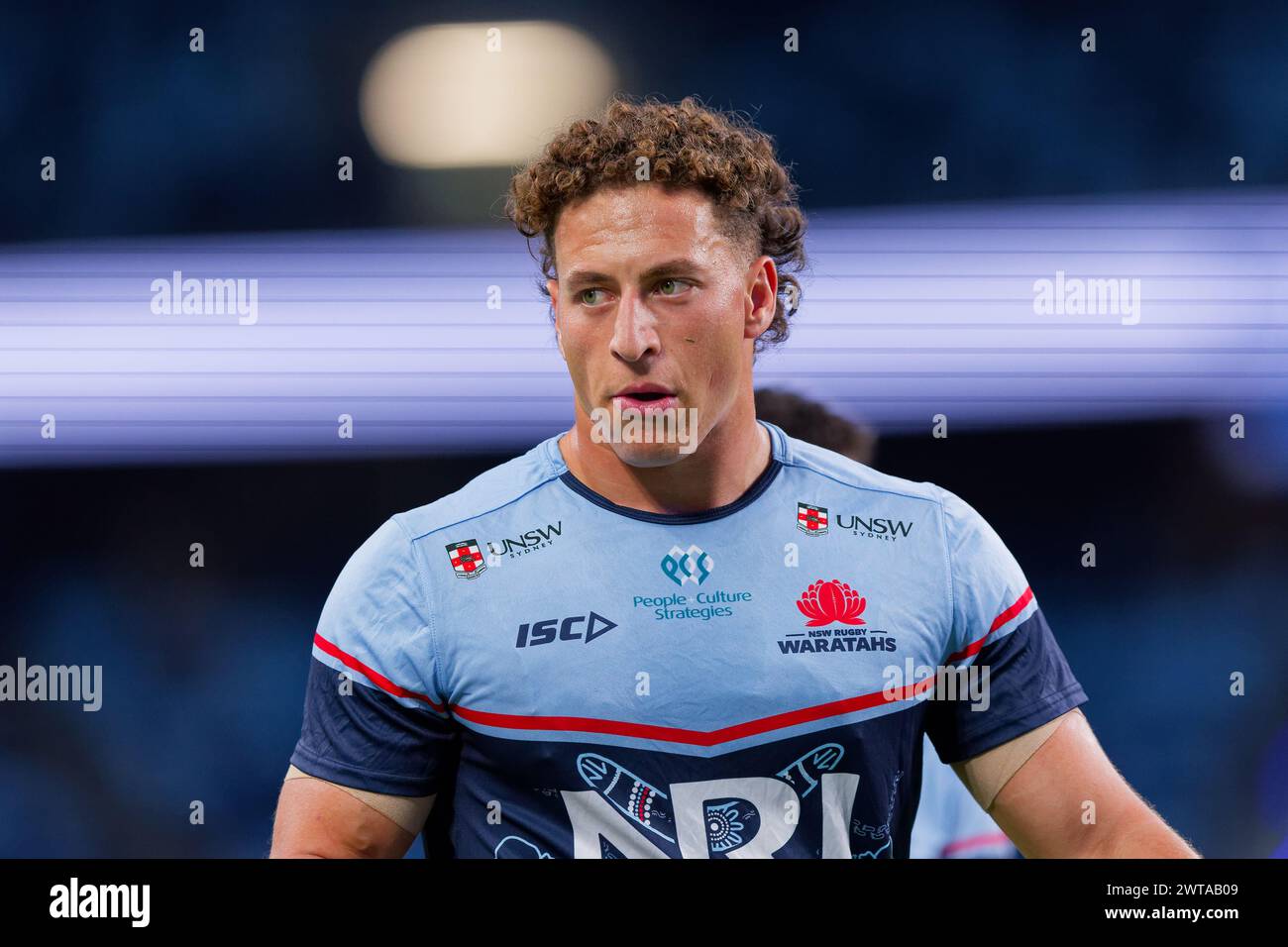 Sydney, Australia. 16th Mar, 2024. Mark Nawaqanitawase of the Waratahs warms up before the Super Rugby Pacific 2024 Rd4 match between the Waratahs and the Blues at Allianz Stadium on March 16, 2024 in Sydney, Australia Credit: IOIO IMAGES/Alamy Live News Stock Photo