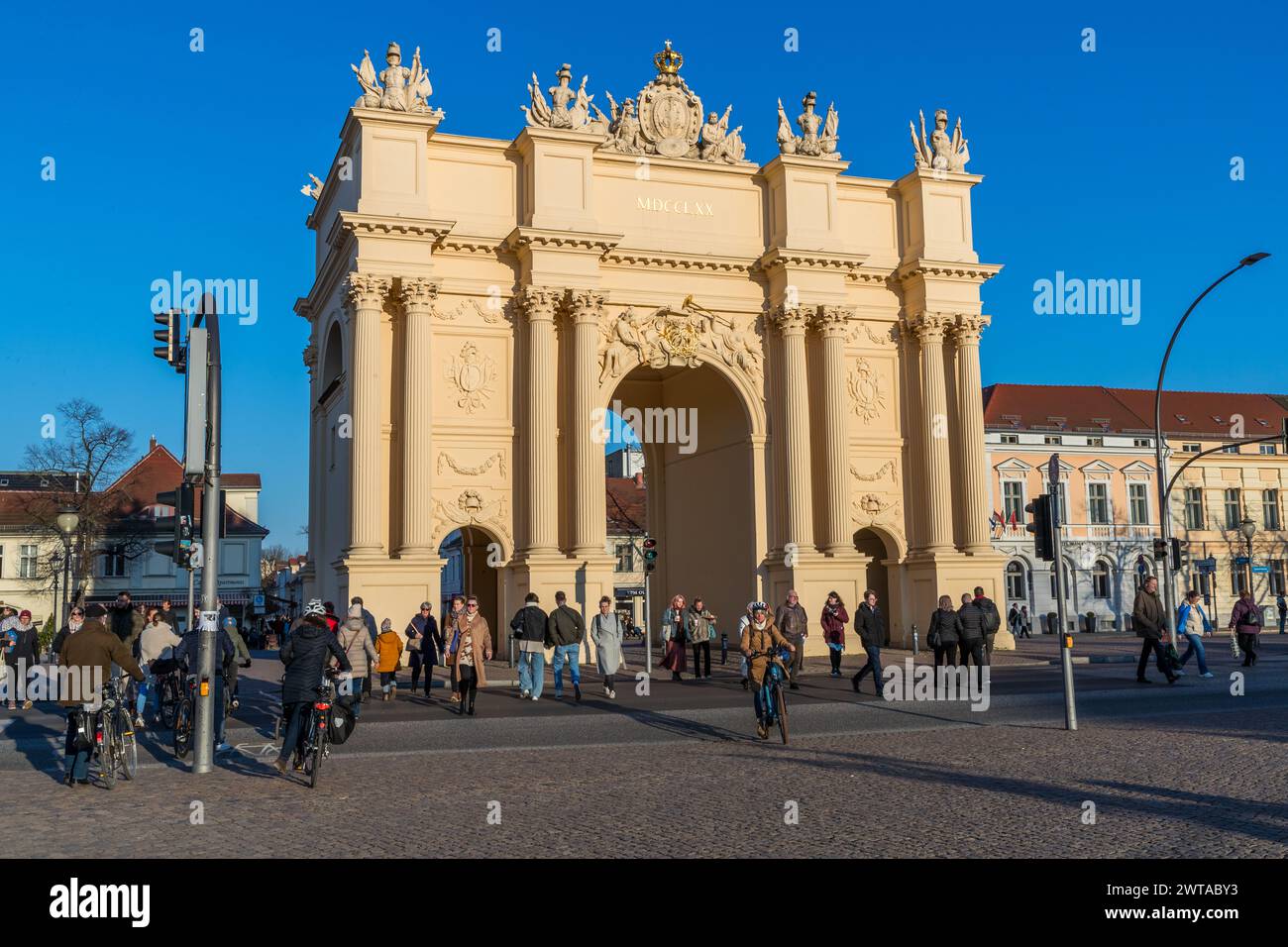 The Brandenburg Gate on Luisenplatz in Potsdam was built in 1770 and is therefore 20 years older than the famous landmark from Berlin. Brandenburg Gate, Luisenplatz, Potsdam, Brandenburg, Germany Stock Photo