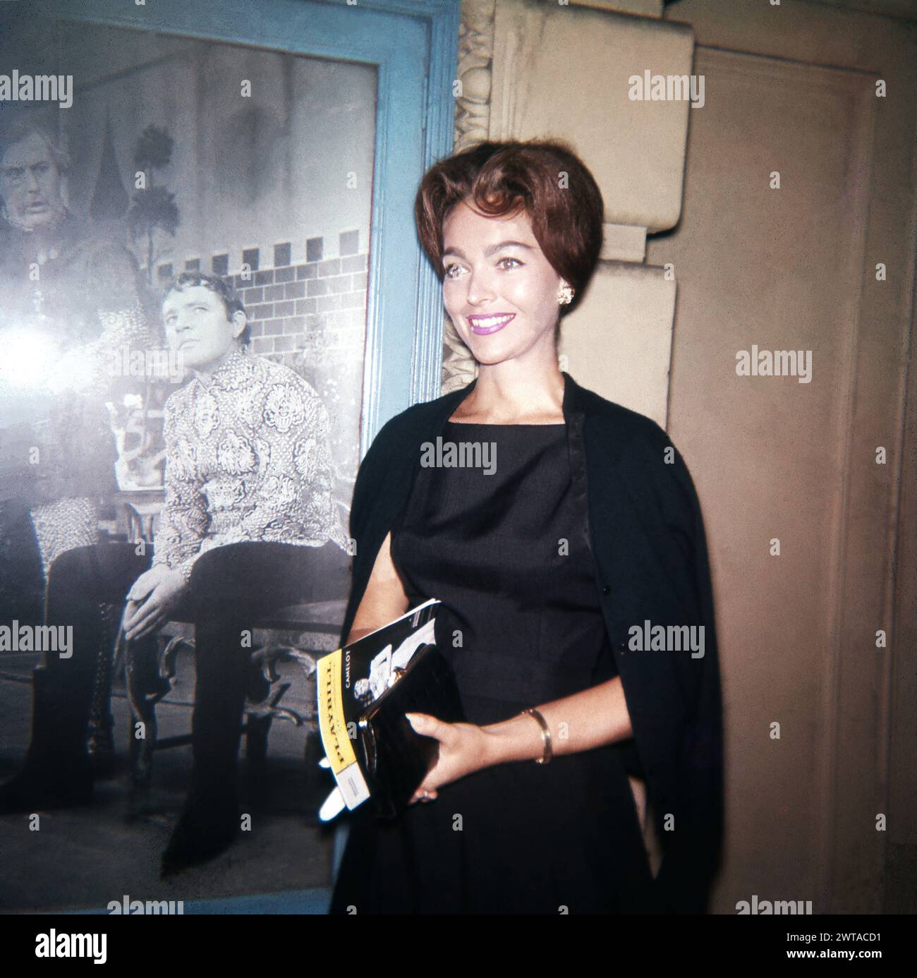 JOAN WELDON circa December 1960 at the Majestic Theatre in New York to see RICHARD BURTON JULIE ANDREWS and ROBERT COOTE in CAMELOT the Broadway musical with lyrics by Alan Jay Lerner and music by Frederick Loewe staged by Moss Hart Stock Photo