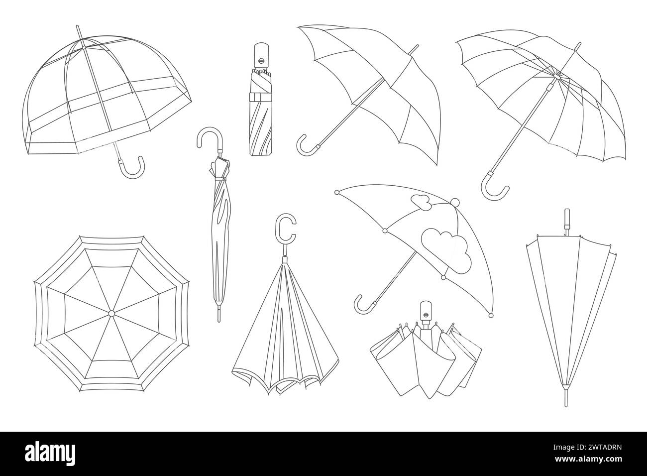 Open and closed umbrellas for rain protection, thin line icon set. Sketch fashion accessory collection of rainy season, folded parasol or flying waterproof umbrella with handle vector illustration Stock Vector