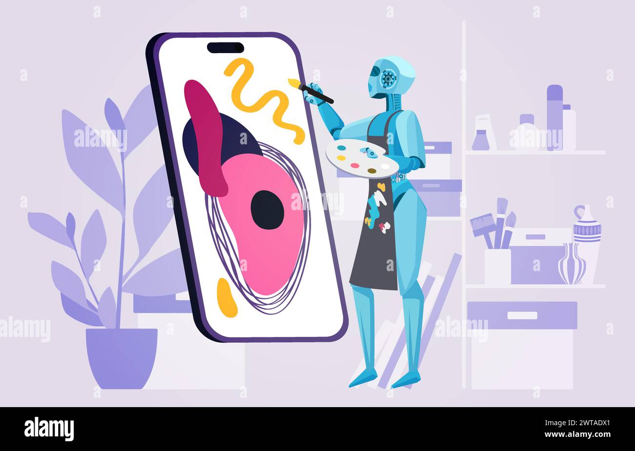 Art content generator mobile app for phone. Robot painting creative picture on smartphone screen, artificial intelligence artist working to create digital image online cartoon vector illustration Stock Vector