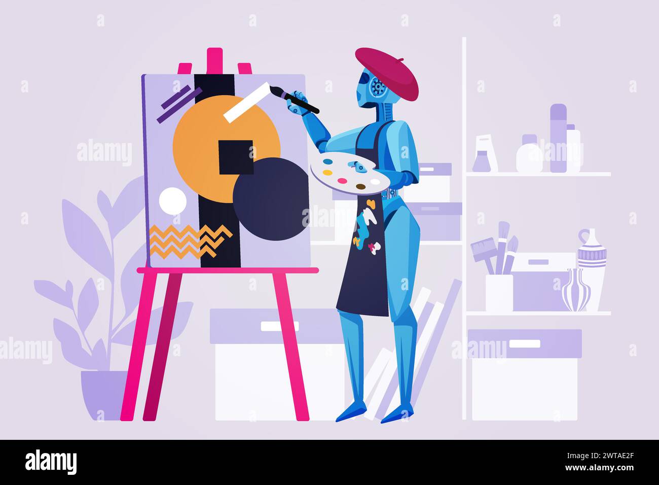 Art content generation using AI. Robot artist painting creative picture on easel, cyborg in painters beret and apron holding brush to create digital image in workshop cartoon vector illustration Stock Vector