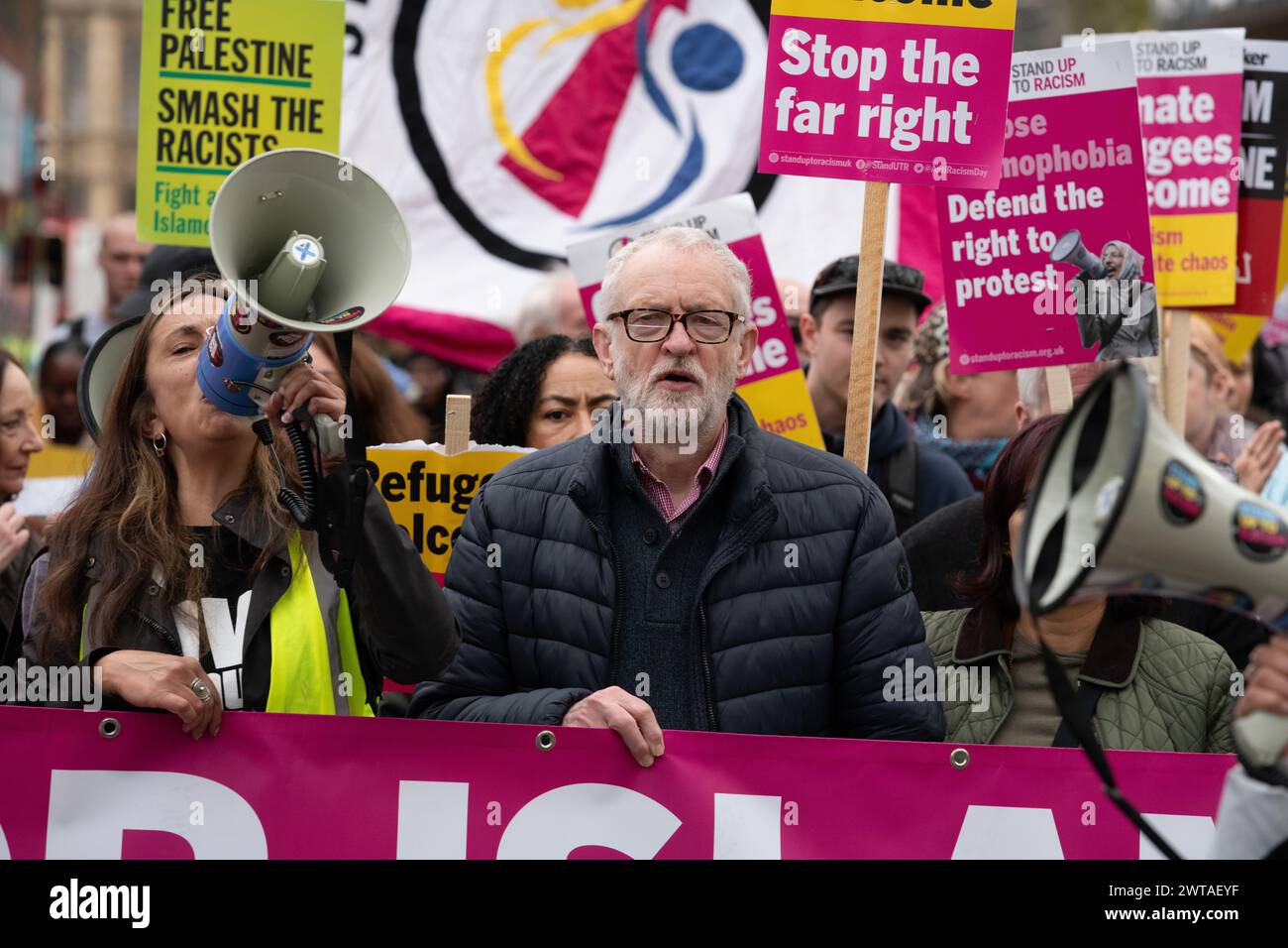 London, UK. 16 March, 2024. Former Labour party leader Jeremy Corbyn MP joins a protest organised by a coalition of campaign groups and unions against racism, Islamophobia & antisemitism, rallying outside the Home Office before marching to a 'House Against Hate' event with DJ's outside Downing Street. Credit: Ron Fassbender/Alamy Live News Stock Photo