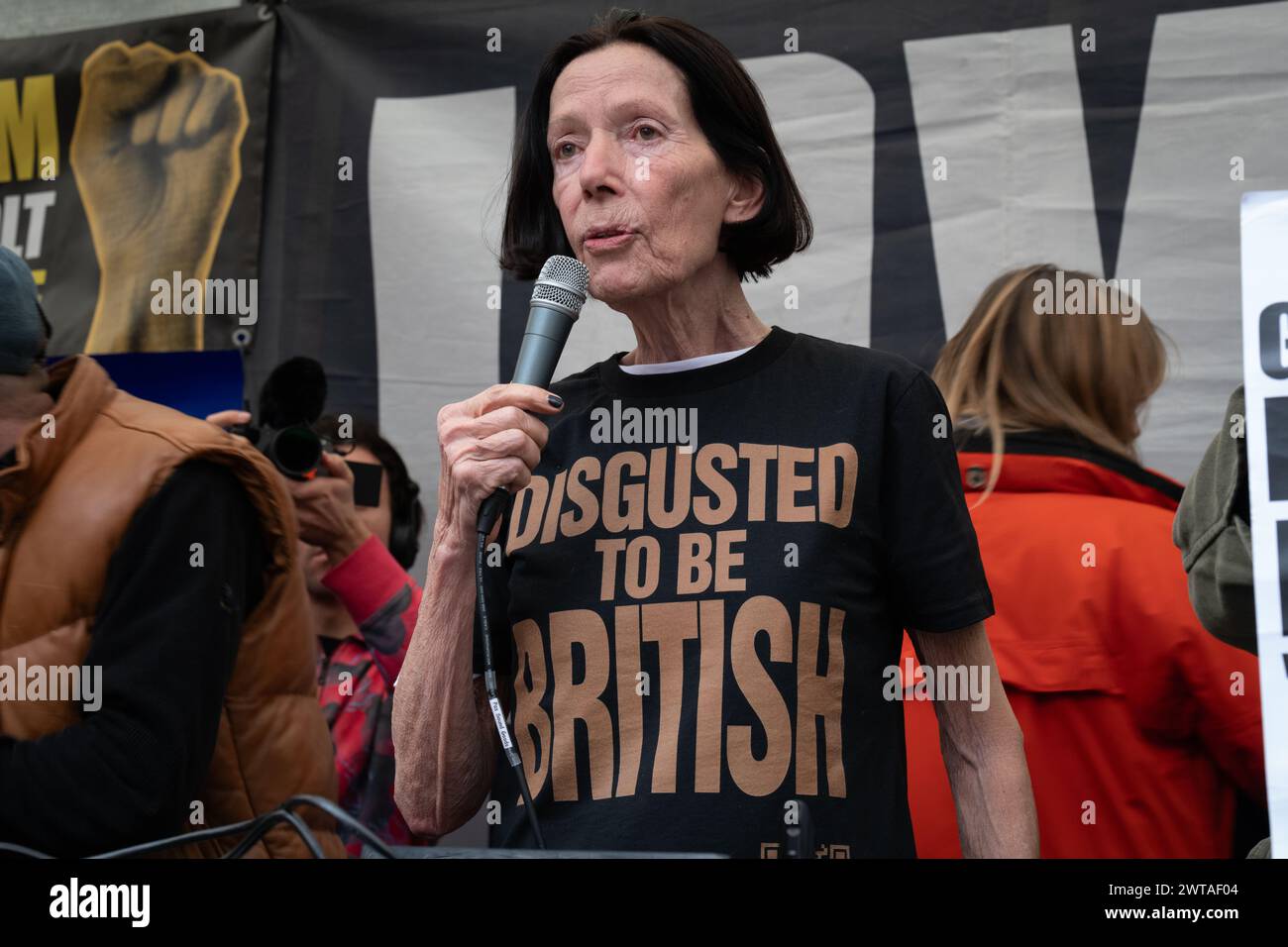 London, UK. 16 March, 2024. Fashion designer Katharine Hamnett addresses a 'House Against Hate' event with DJ's outside Downing Street held as part of a March Against Racism protest. Credit: Ron Fassbender/Alamy Live News Stock Photo