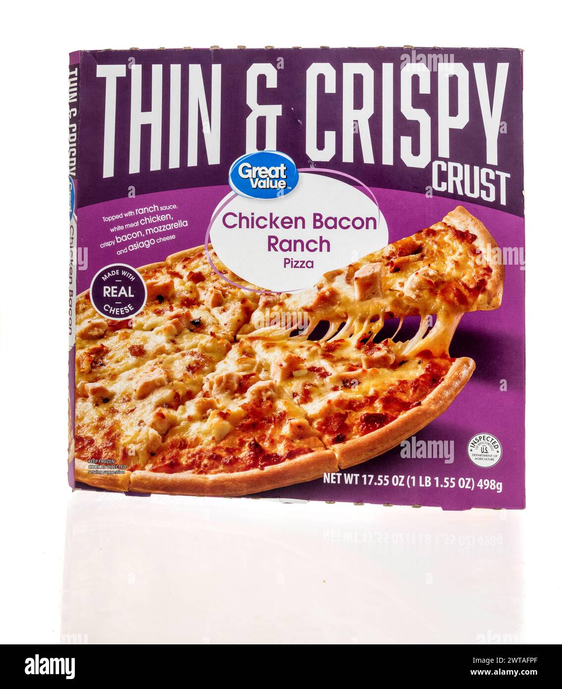 Winneconne, WI - 9 March 2024: A package of Great value chicken bacon ranch thin and crispy pizza on an isolated background. Stock Photo