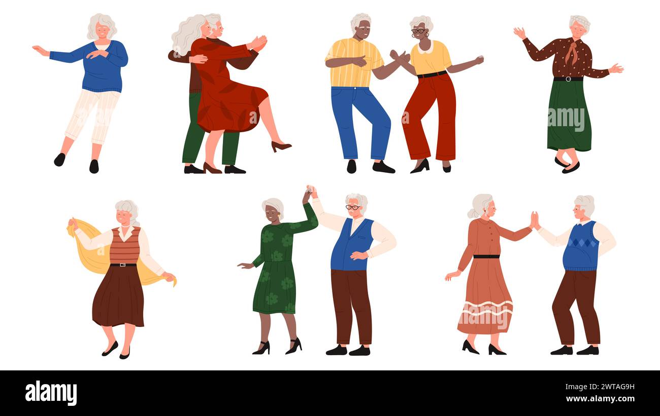 Happy elderly people dancing alone or in pairs set. Male and female aged dancers move in fun active or romantic dance to music, grandfather and grandmother at retro party cartoon vector illustration Stock Vector