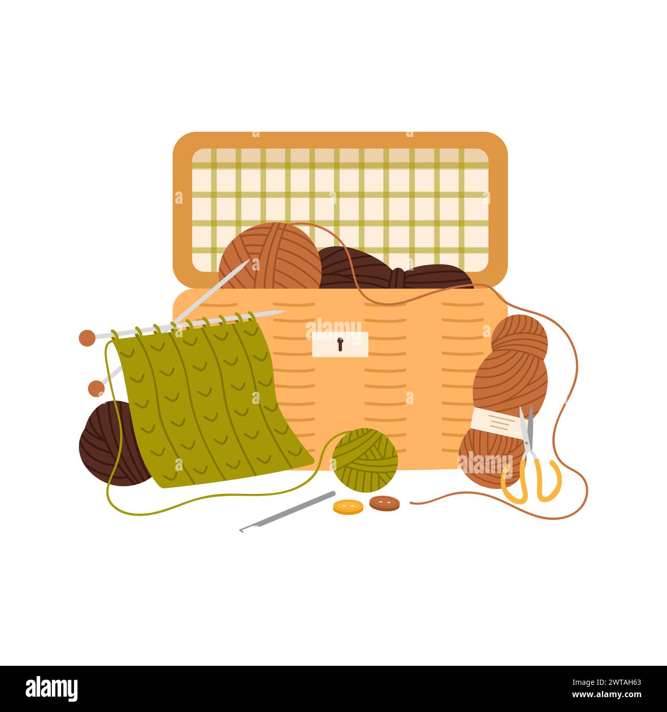 Basket with knitting materials. Wool basket, handmade hobby, handicraft