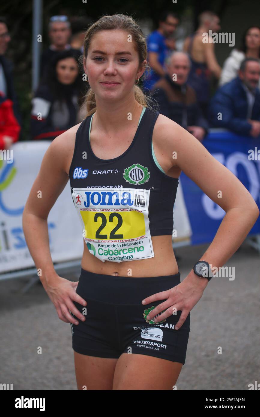 Laredo, Cantabria, Spain. 16th Mar, 2024. Laredo, Spain, March 16th, 2024: Norwegian athlete, Kristine Lande (22) before the race during the Laredo 10 kilometers, on March 16, 2024, in Laredo, Spain. (Credit Image: © Alberto Brevers/Pacific Press via ZUMA Press Wire) EDITORIAL USAGE ONLY! Not for Commercial USAGE! Stock Photo