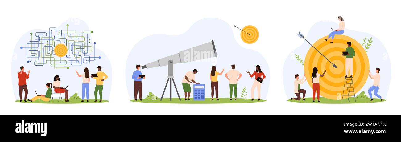 Success business goal and progress in challenge set. Tiny people work with maze of solutions to achieve goal, look at target through telescope, hit bullseye with arrow cartoon vector illustration Stock Vector