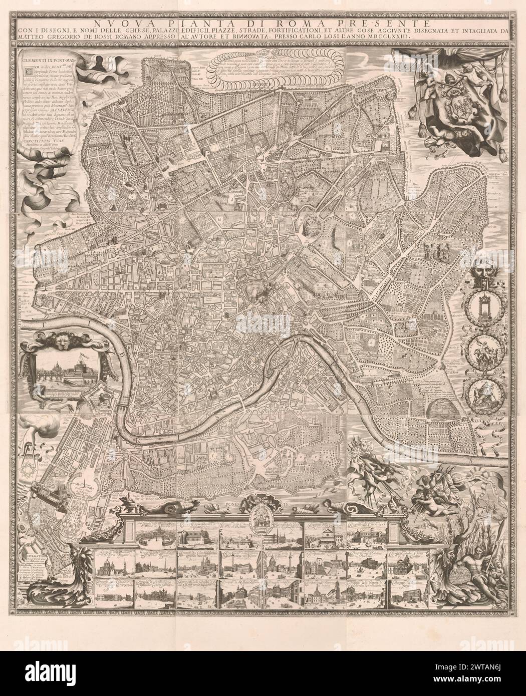 Nuoua pianta di Roma presente ..., 1773. Rossi, Matteo Gregorio de, 1638-1702, designer, engraver. l'anno MDCCLXXIII [1773] The map is Matteo Gregorio de Rossi's large bird's-eye view of modern Rome, which was first published by his father Giovanni Battista in 1668. The second edition by Matteo Gregorio himself was issued in 1680, with additions and corrections. Third ed. 1721-24. Present (fourth) ed. has title changed to reflect Losi as publisher. Title and imprint in reserve across top 3 panels. Dedication to Clement IX at upper left of combined image, retained from 1st ed. Arms of Innocent Stock Photo