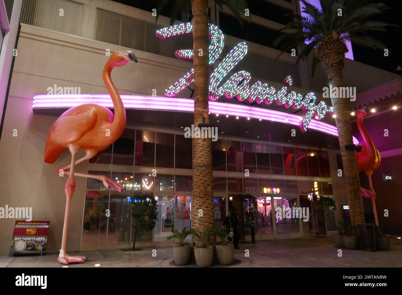 Las Vegas, Nevada, USA 7th March 2024 The Flamingo Hotel & Casino Entrance from Linq Promenade at The Linq Hotel & Casino on Las Vegas Blvd on March 7, 2024 in Las Vegas, Nevada, USA. Photo by Barry King/Alamy Stock Photo Stock Photo