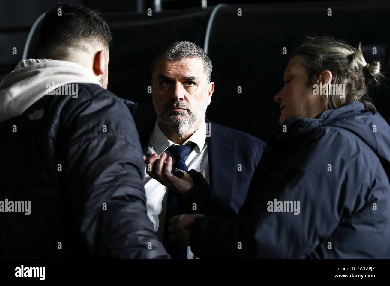 Ange Postecoglu manager of Tottenham Hotspur gives an interview at the end of the game during the Premier League match between Fulham and Tottenham Hotspur at Craven Cottage, London on Saturday 16th March 2024. (Photo: Tom West | MI News) Credit: MI News & Sport /Alamy Live News Stock Photo