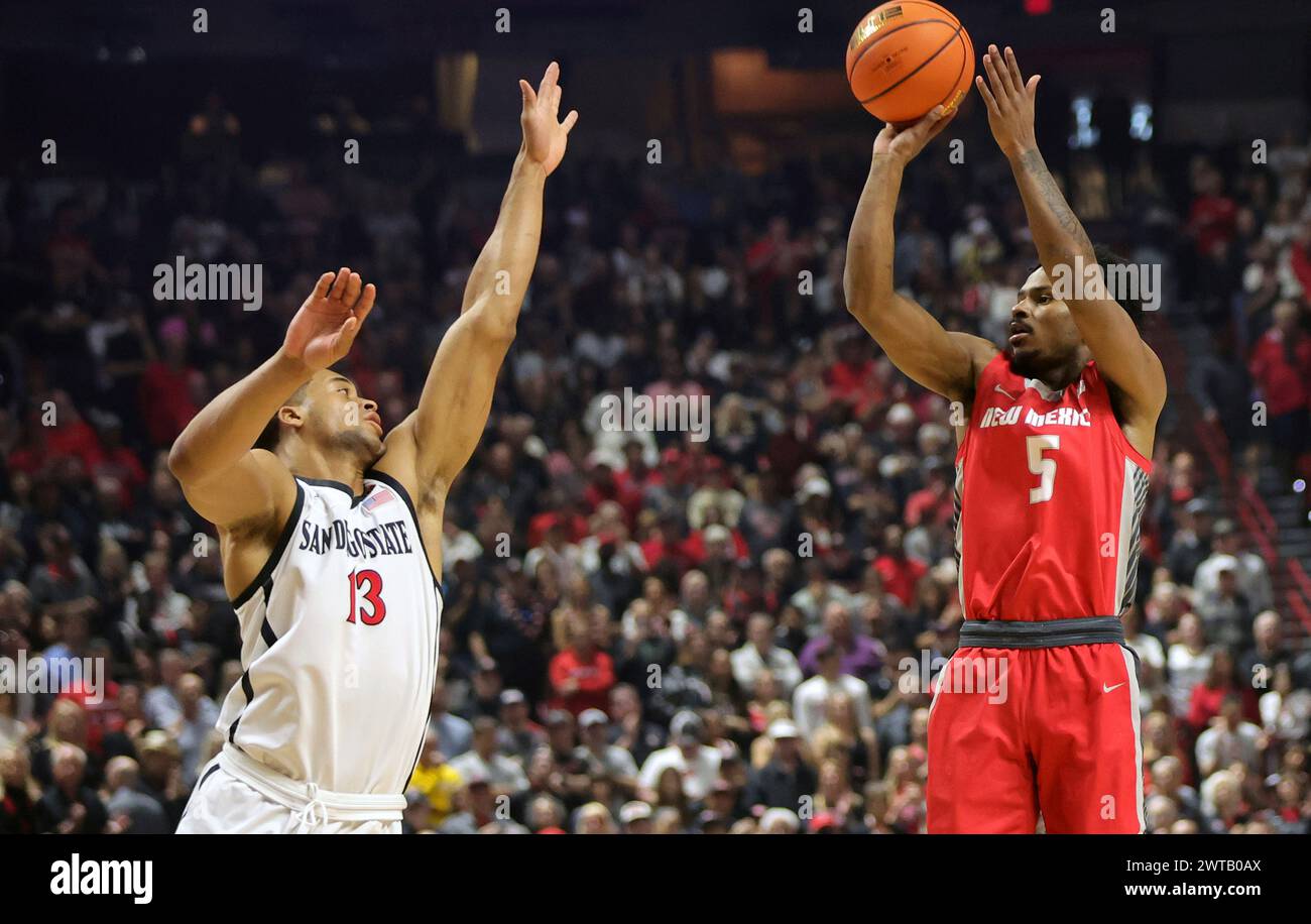 New Mexico guard Jamal Mashburn Jr. (5) shoots over San Diego State
