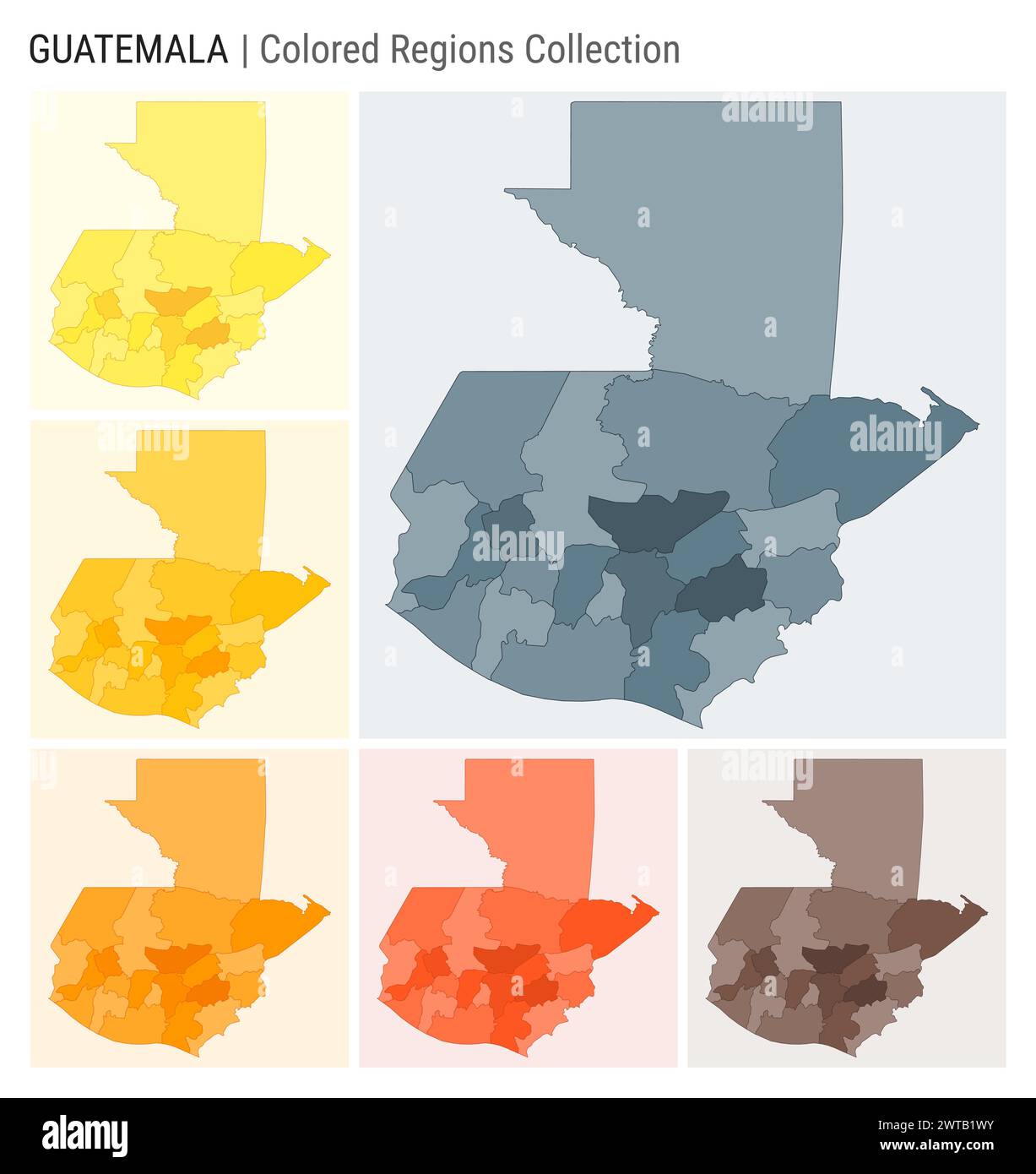 Guatemala map collection. Country shape with colored regions. Blue Grey ...