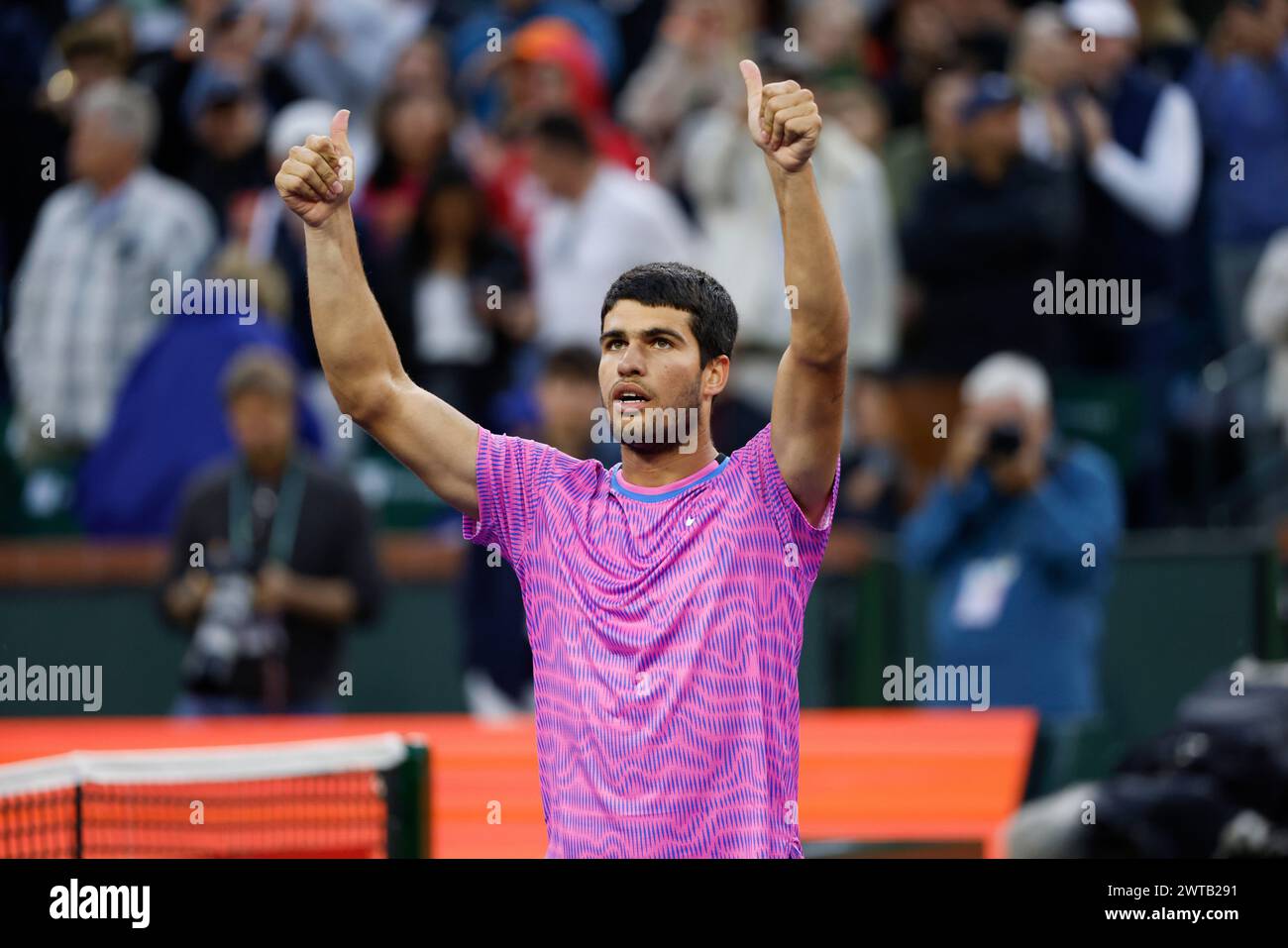 March 16, 2024 Carlos Alcaraz of Spain celebrates after defeating