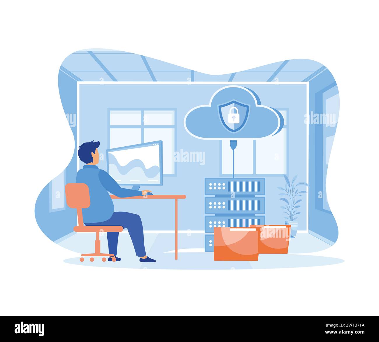 Business technology storage and cloud server service concept with administrator and developer team working concept. flat vector modern illustration Stock Vector