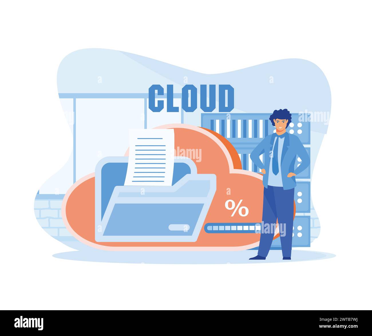 Cloud computing concept. Man standing near cloud storage. flat vector modern illustration flat vector modern illustration Stock Vector