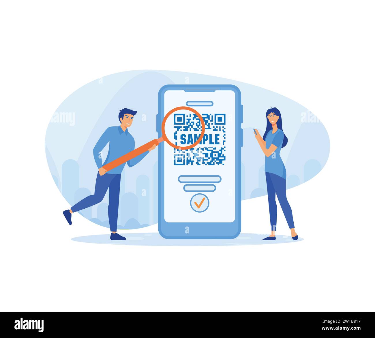 Group of businesspeople scan code using mobile phone. Smart technology for internet and mobile payments. flat vector modern illustration Stock Vector