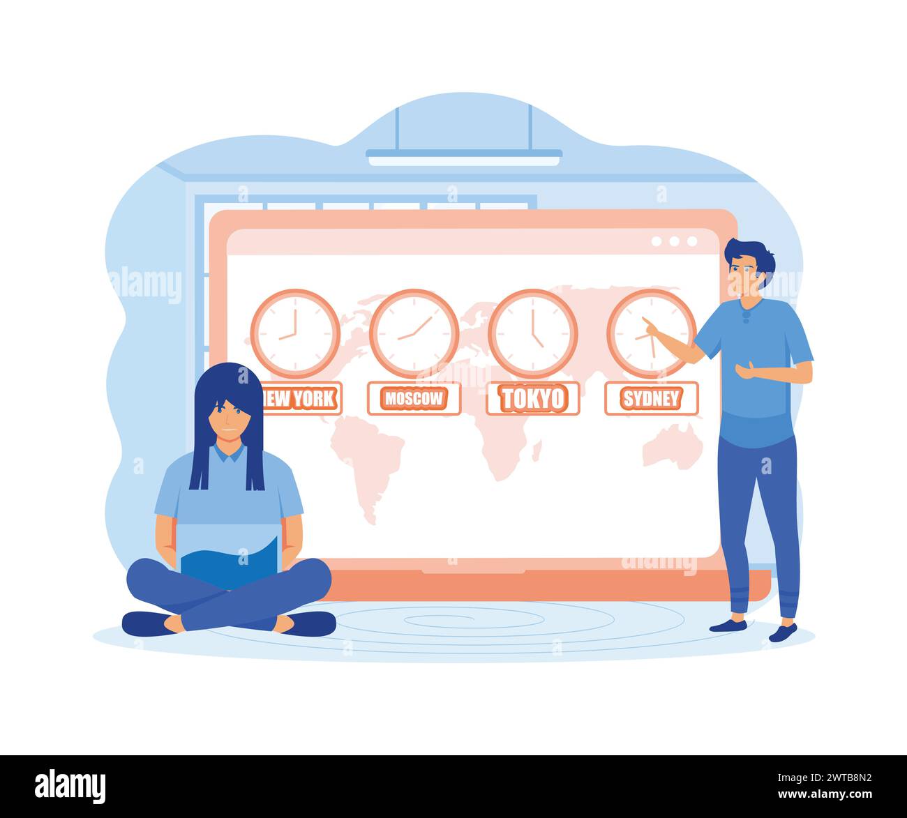 Time zones. International time and date. Clocks showing local time online on web site. flat vector modern illustration Stock Vector