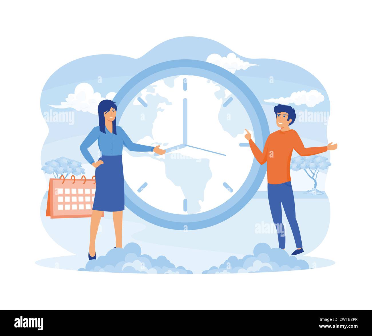 World time zones. International time and date. Big clock showing local time. Tiny business people worldwide. flat vector modern illustration Stock Vector