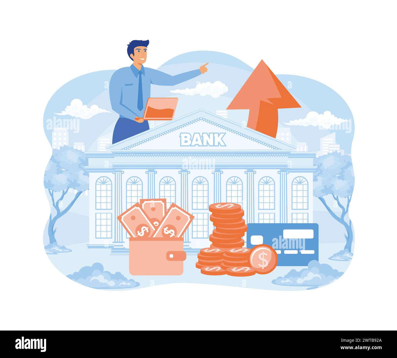 Searching Business Loan Offer, Bank Investments Proposal, Refinancing Opportunity. Businessman, Business Owner with Laptop, Bank Building, Money in Wa Stock Vector