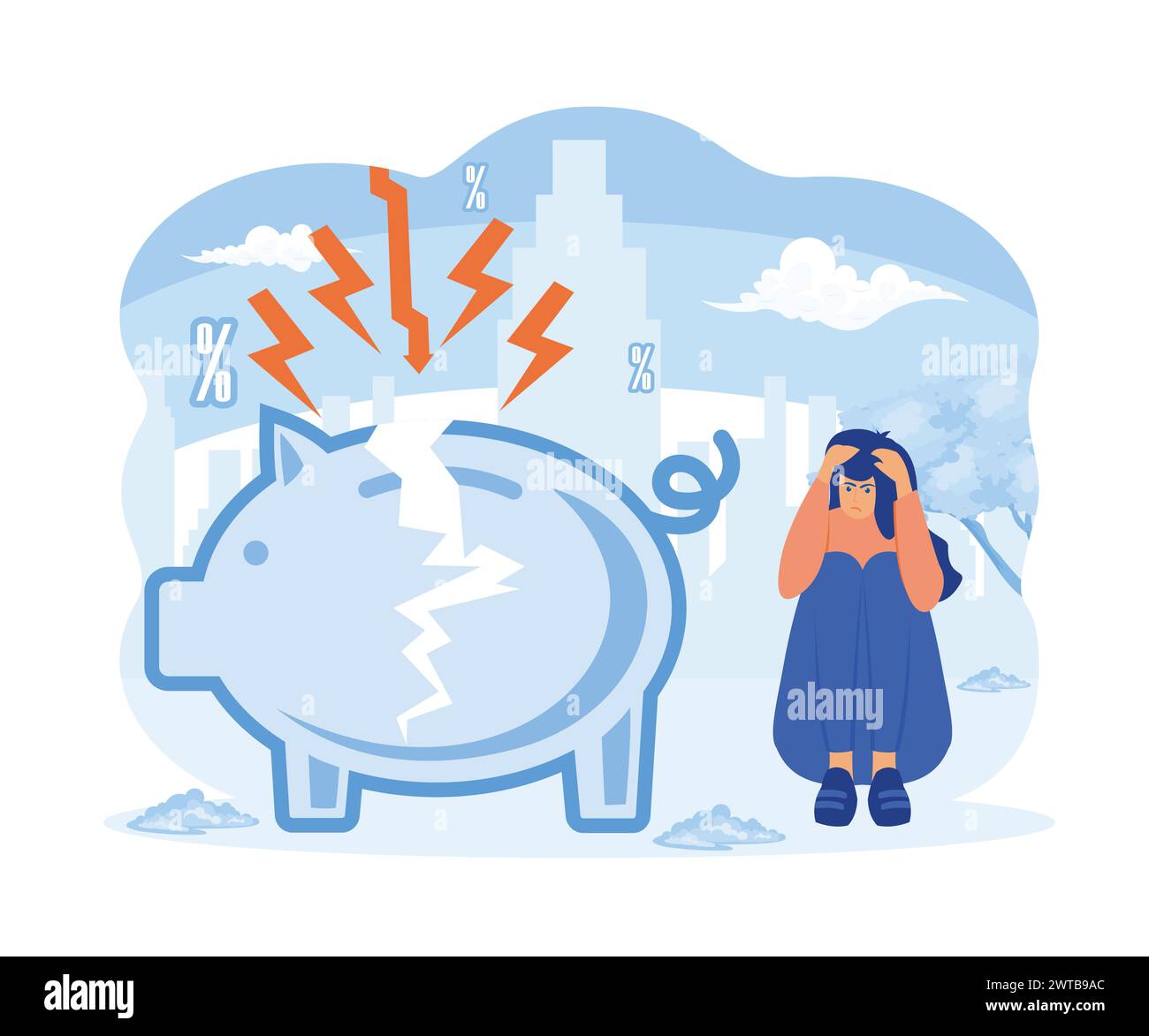 Stressed person sitting at broken piggy bank. Animation ready duik friendly vector. Conceptual business story. Financial crisis, economic recession, b Stock Vector