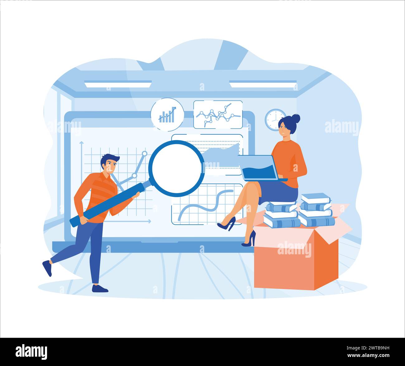 Data analysis concept. People characters working with data visualization, analyzing tables, charts and graphs at business dashboard. flat vector moder Stock Vector