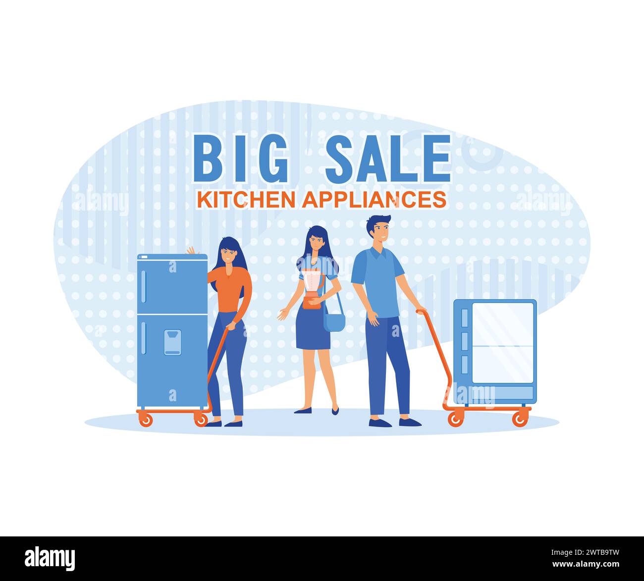 Big Sale of kitchen appliances, happy buyers at the sale of equipment. flat vector modern illustration Stock Vector