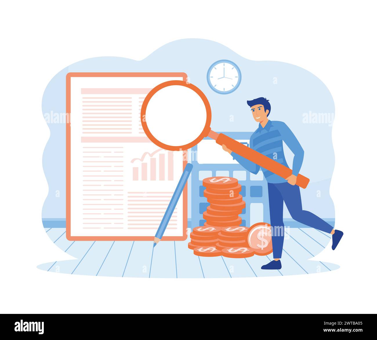 Men study the financial statement. Financial report, digital accounting, audit and financial research. flat vector modern illustration Stock Vector