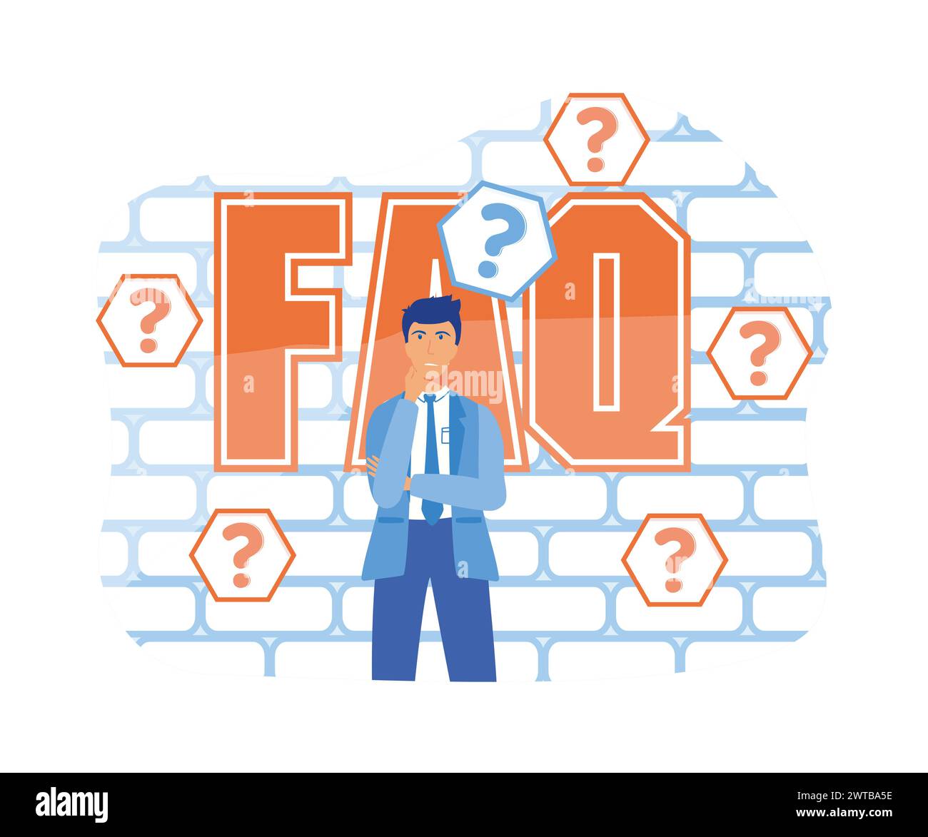 Thinking man with question mark. Confused, doubts, curious. Frequently Asked Questions. flat vector modern illustration Stock Vector