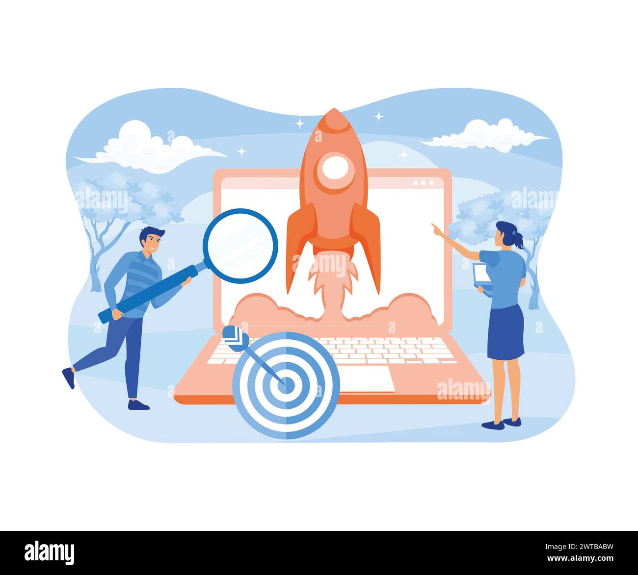 Search Engine Optimization concept. Market research Website coding, internet search optimization presentation, social media, documents. flat vector mo Stock Vector