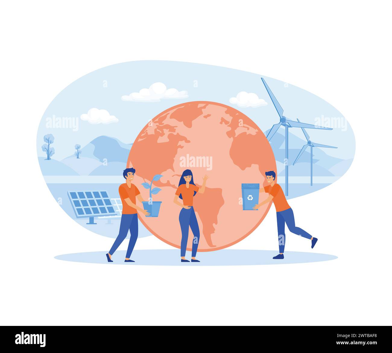 Ecology concept. Eco friendly people with Earth globe, saving planet, protecting and caring about environment. flat vector modern illustration Stock Vector