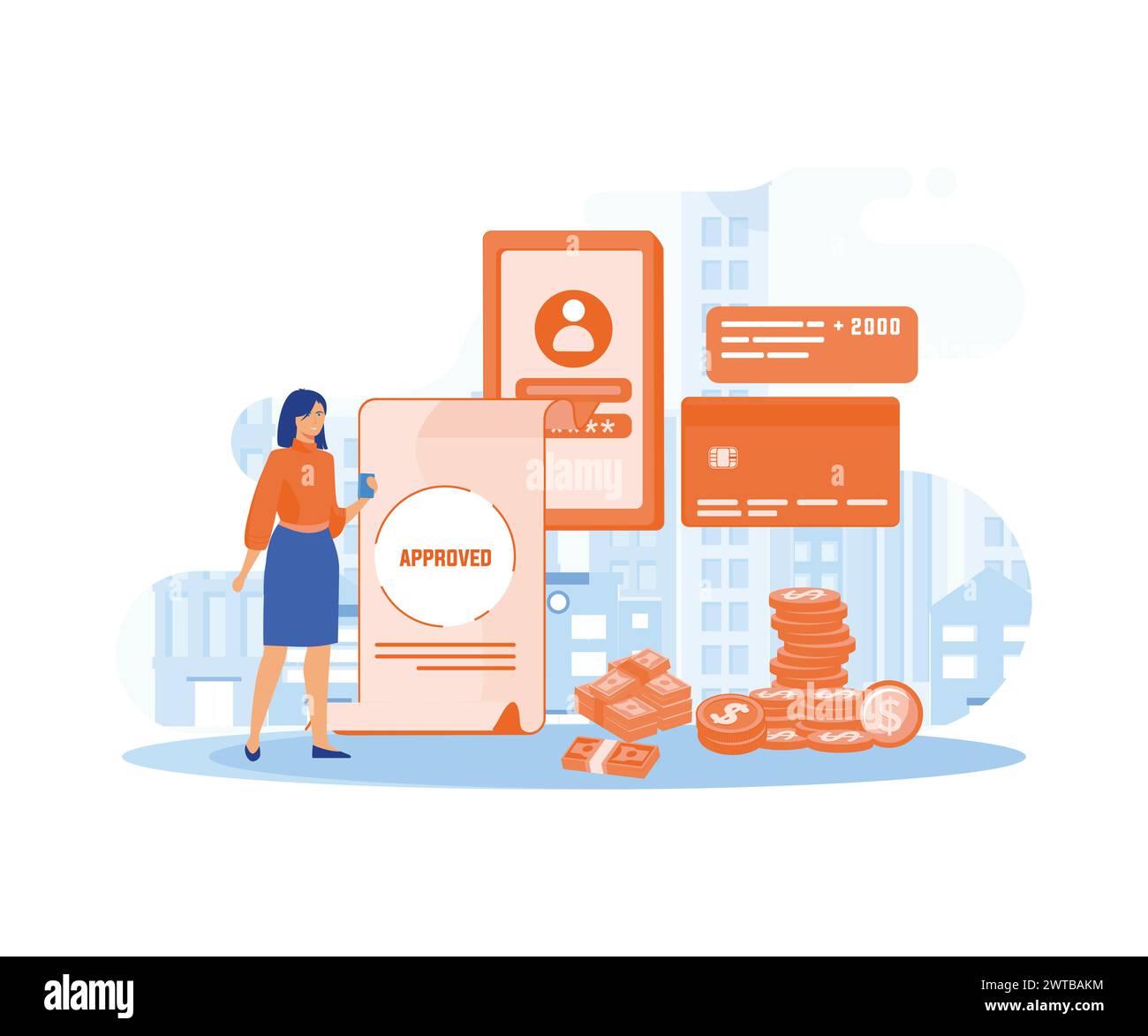 Approved Loan concept. Get loan via smartphone application. Design concept for landing page. for website, banner, hero image. flat vector modern illus Stock Vector