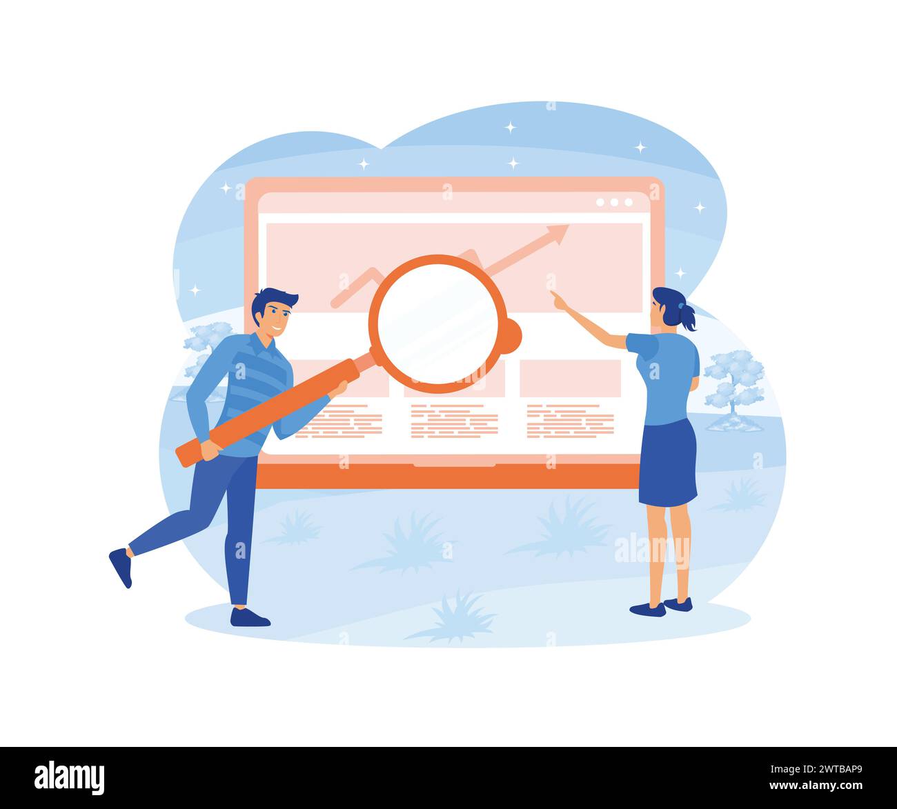 Search Engine Optimization concept. Market research Website coding, internet search optimization presentation, social media, documents. flat vector mo Stock Vector