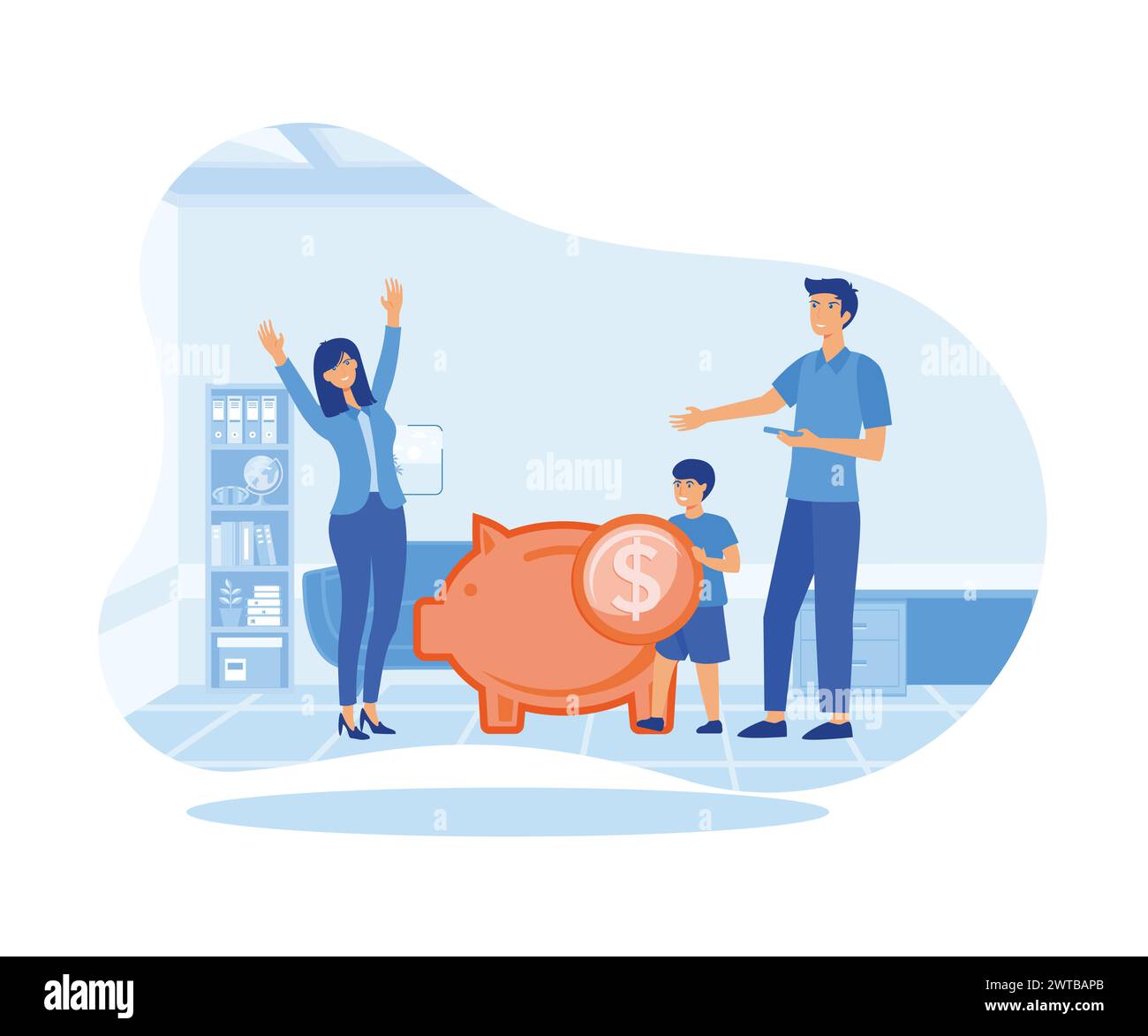 Father and mother teach children to save money. Saving money home, budget, financial management. flat vector modern illustration Stock Vector