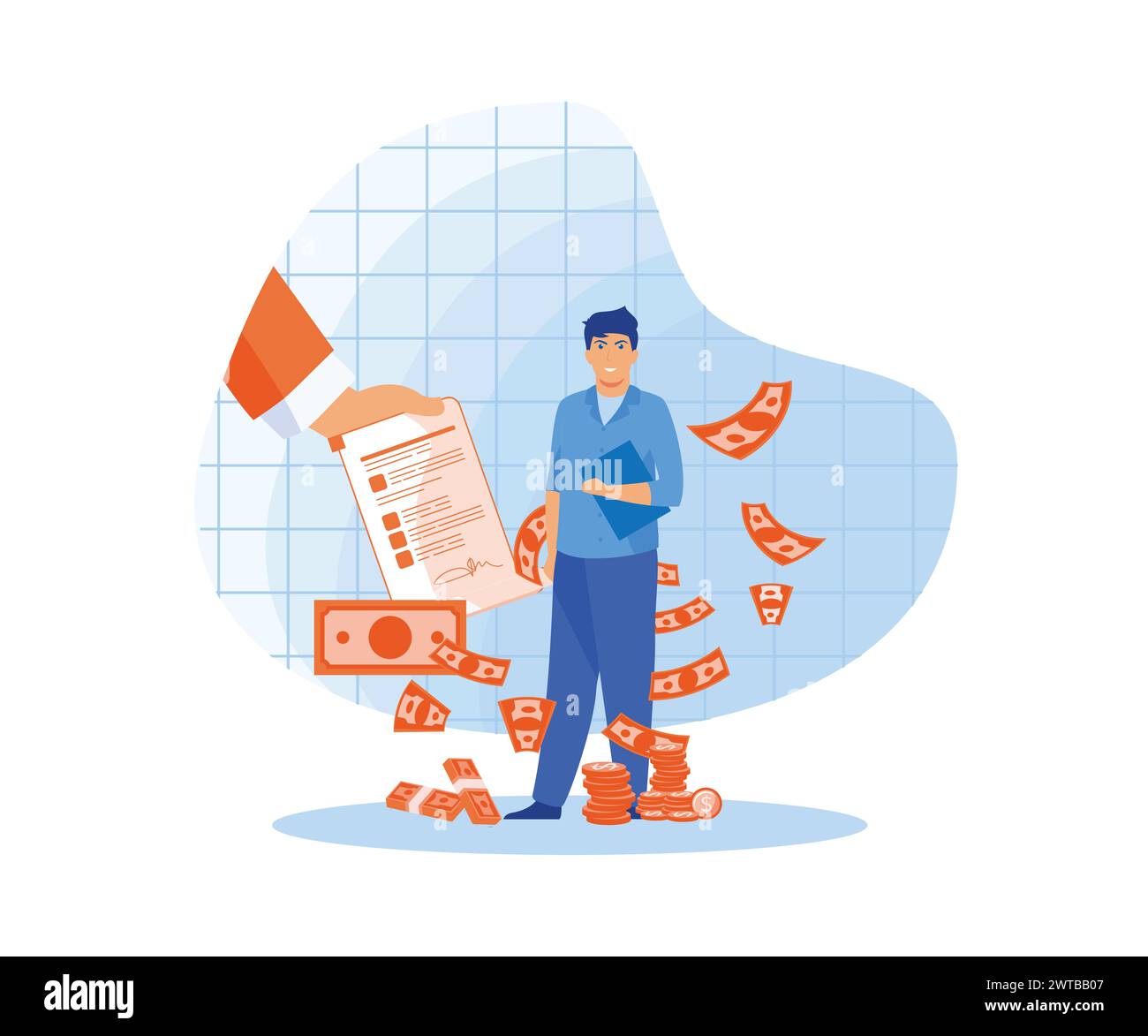 Approved Loan concept. Joyful businessman man with letter and money show thumbs up. flat vector modern illustration Stock Vector