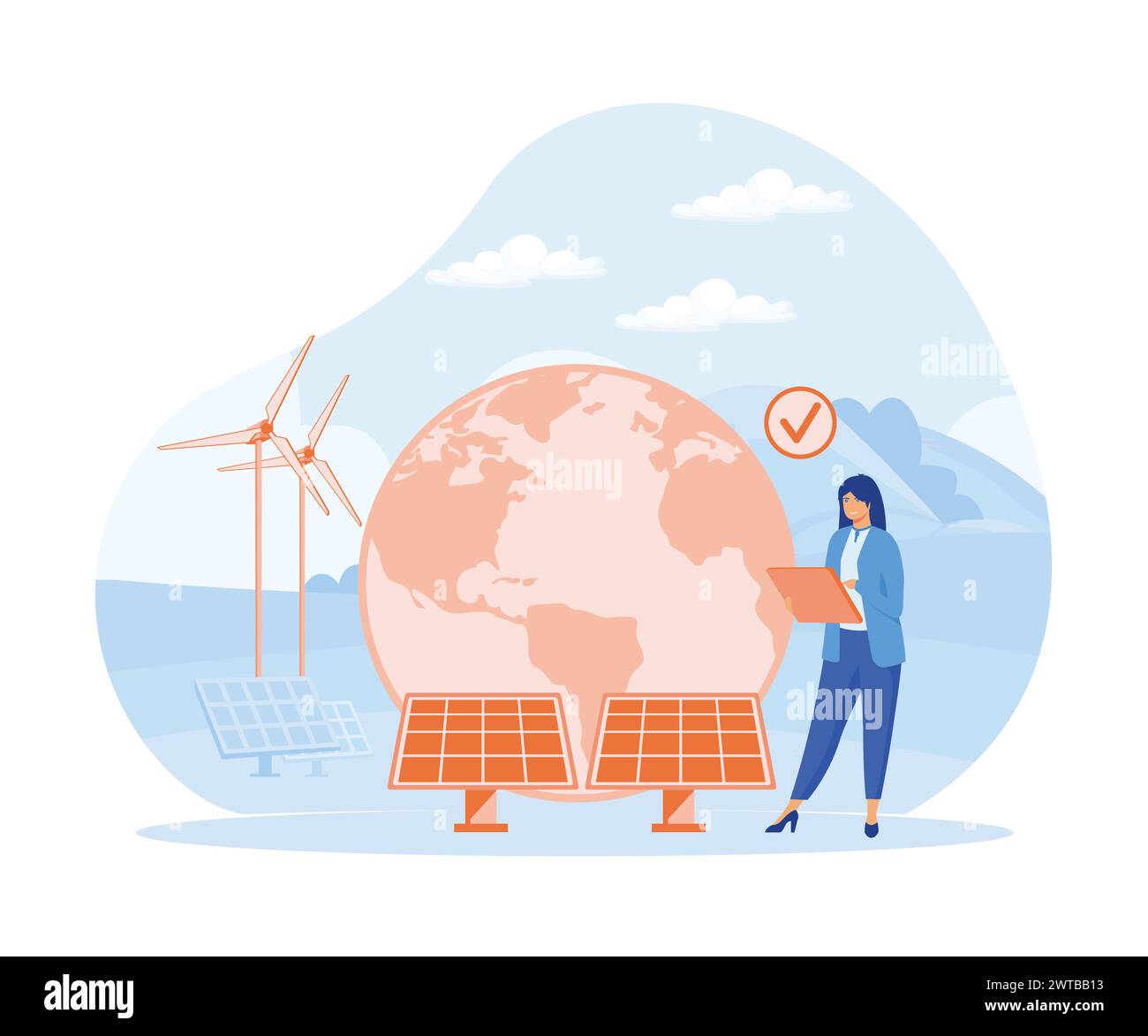 Energy efficiency concept. Woman using green electricity, windmills and solar panels. flat vector modern illustration Stock Vector