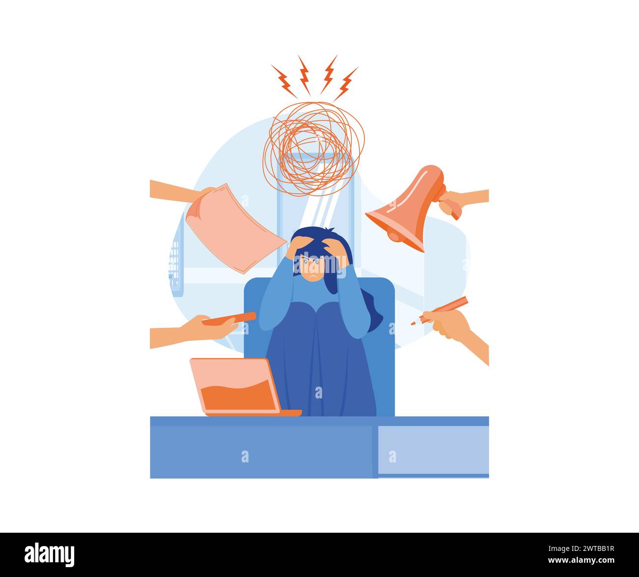 Multitasking Work concept. Business Woman Surrounded by Hands with ...