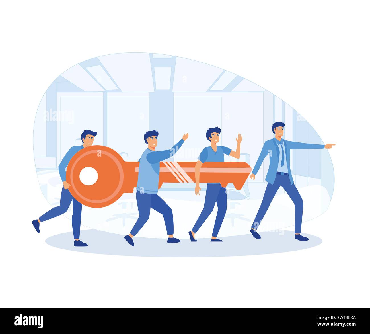 Teamwork Concept. Businessman and other entrepreneurs go to the door with the key. flat vector modern illustration Stock Vector